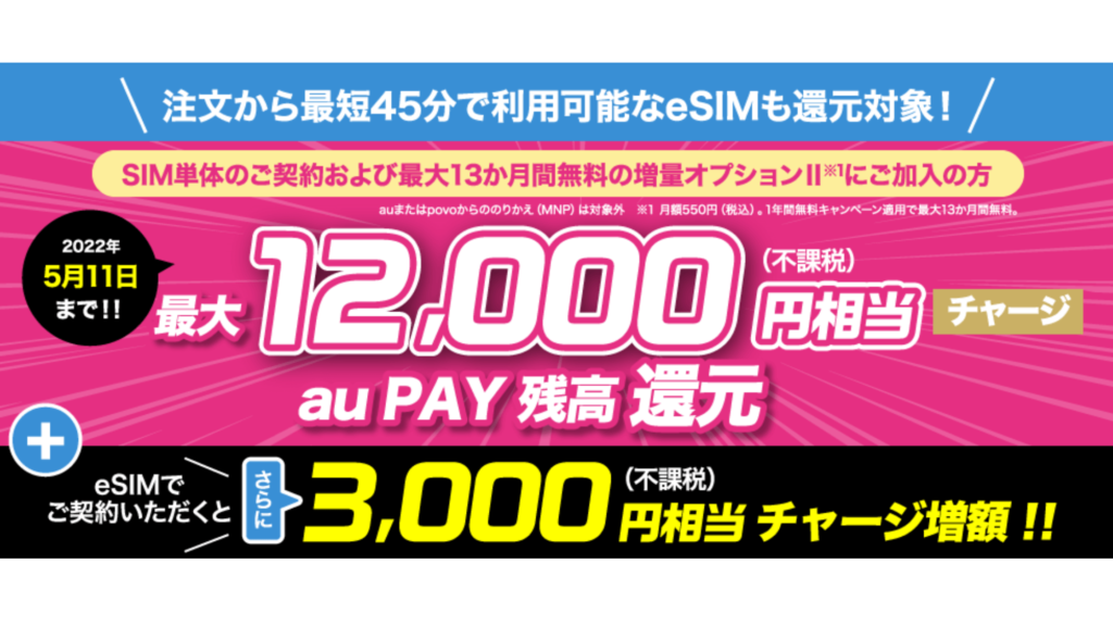 UQモバイルへ乗り換えキャンペーン①： 最大10,000円キャッシュバック(SIMのみ契約)！ 